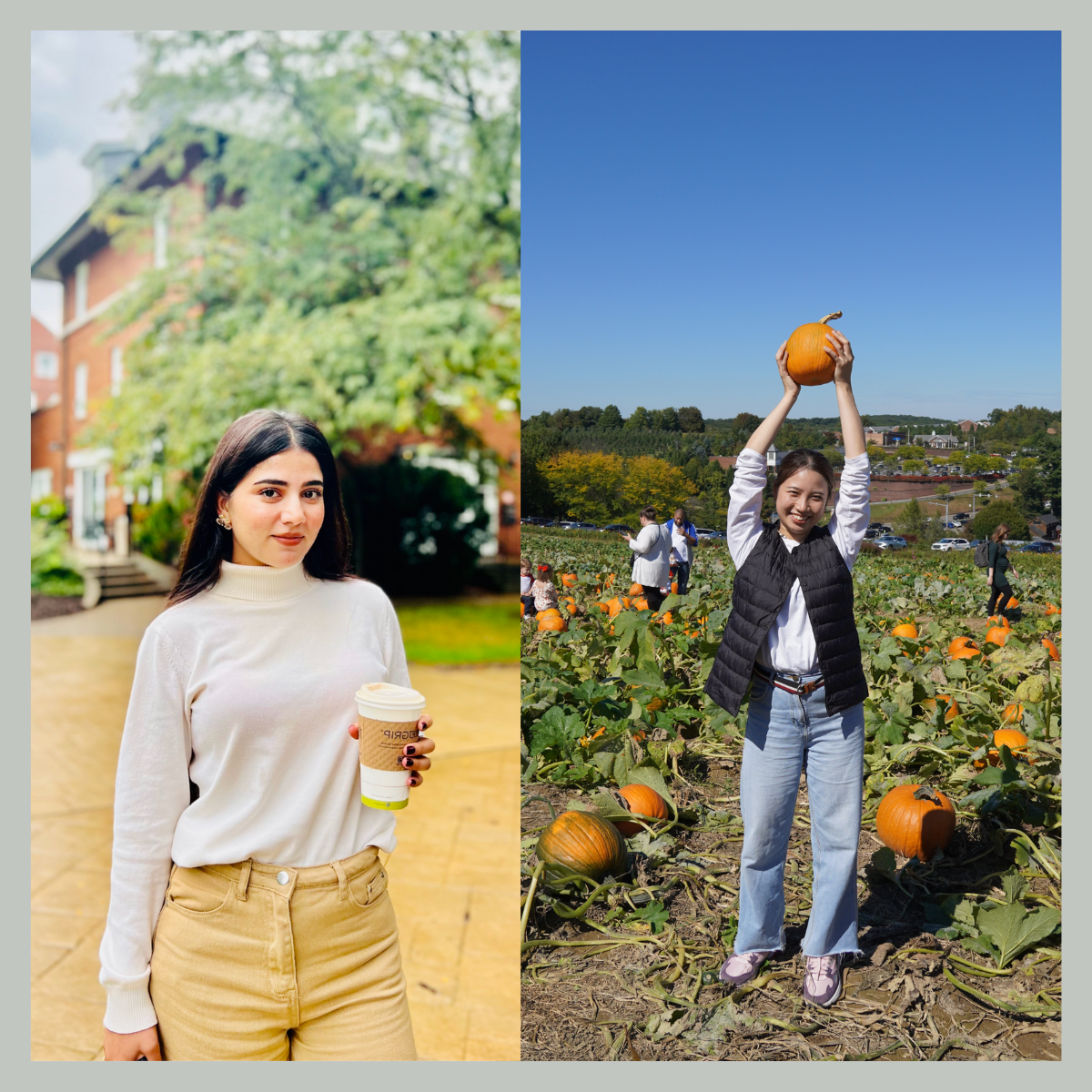 两张照片并排, a young woman holding a pumpkin in a field and another young woman holding a coffee cup on 足球波胆平台