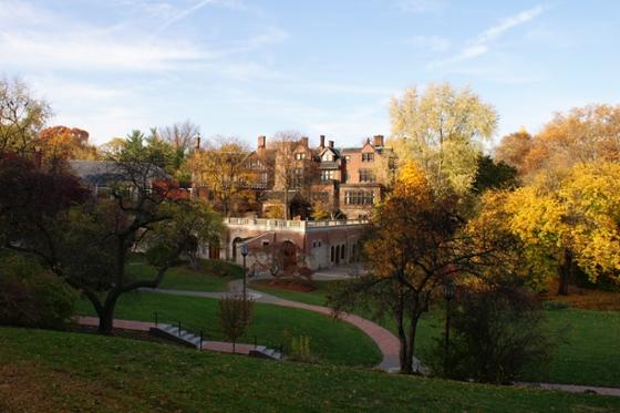 连绵起伏的草山, historic red brick buildings, multicolored autumn trees decorate Chatham University's Shadyside campus in Pittsburgh. 